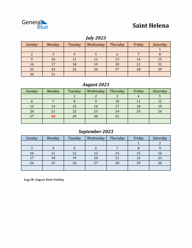 Q3 2023 Holiday Calendar - Saint Helena