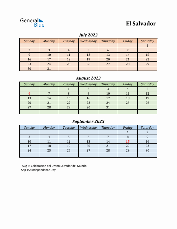 Q3 2023 Holiday Calendar - El Salvador