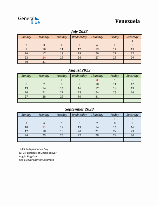 Q3 2023 Holiday Calendar - Venezuela