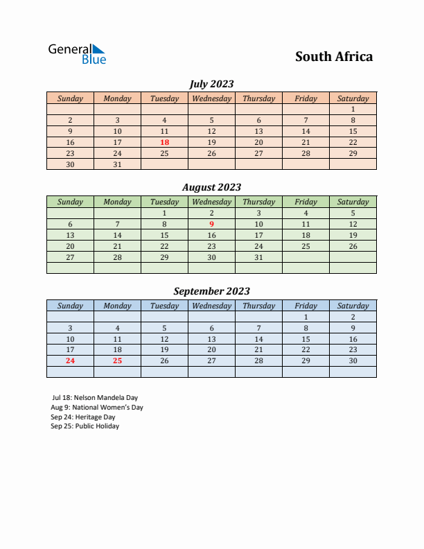 Q3 2023 Holiday Calendar - South Africa