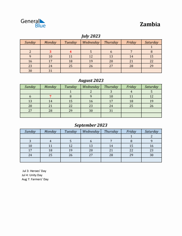 Q3 2023 Holiday Calendar - Zambia