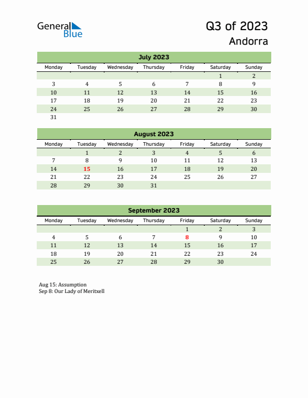 Quarterly Calendar 2023 with Andorra Holidays