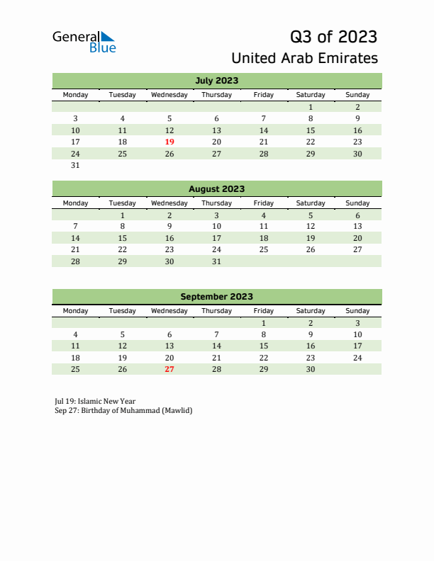 Quarterly Calendar 2023 with United Arab Emirates Holidays