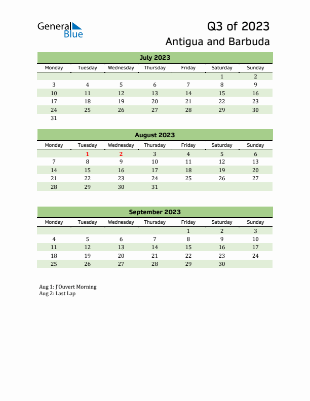 Quarterly Calendar 2023 with Antigua and Barbuda Holidays