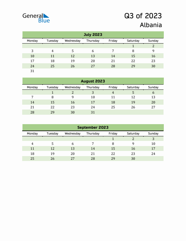 Quarterly Calendar 2023 with Albania Holidays