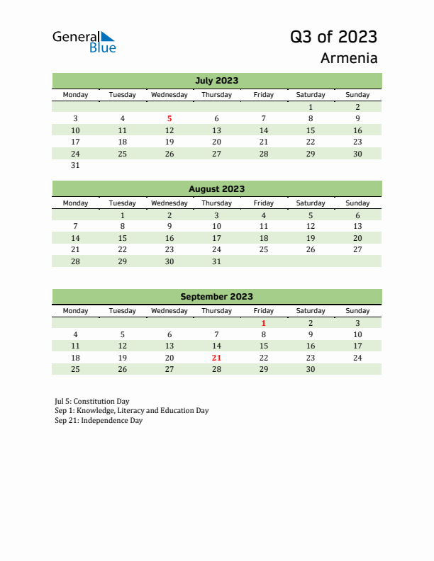 Quarterly Calendar 2023 with Armenia Holidays