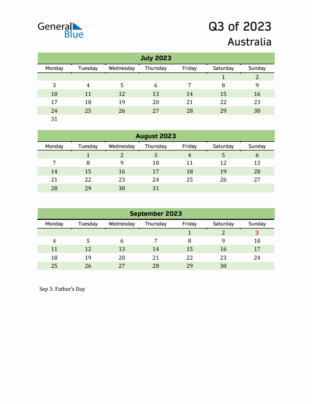 Quarterly Calendar 2023 with Australia Holidays