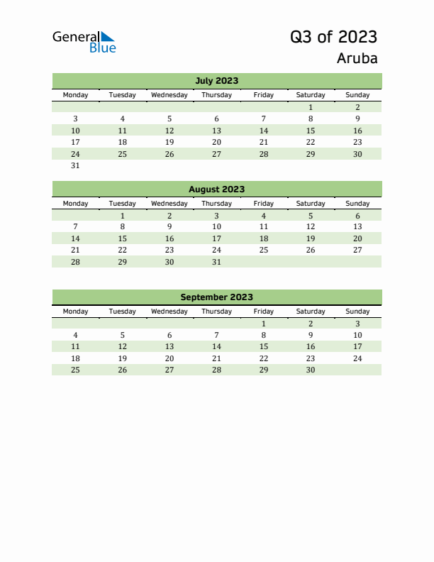 Quarterly Calendar 2023 with Aruba Holidays