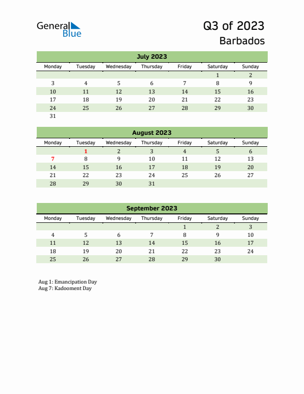 Quarterly Calendar 2023 with Barbados Holidays