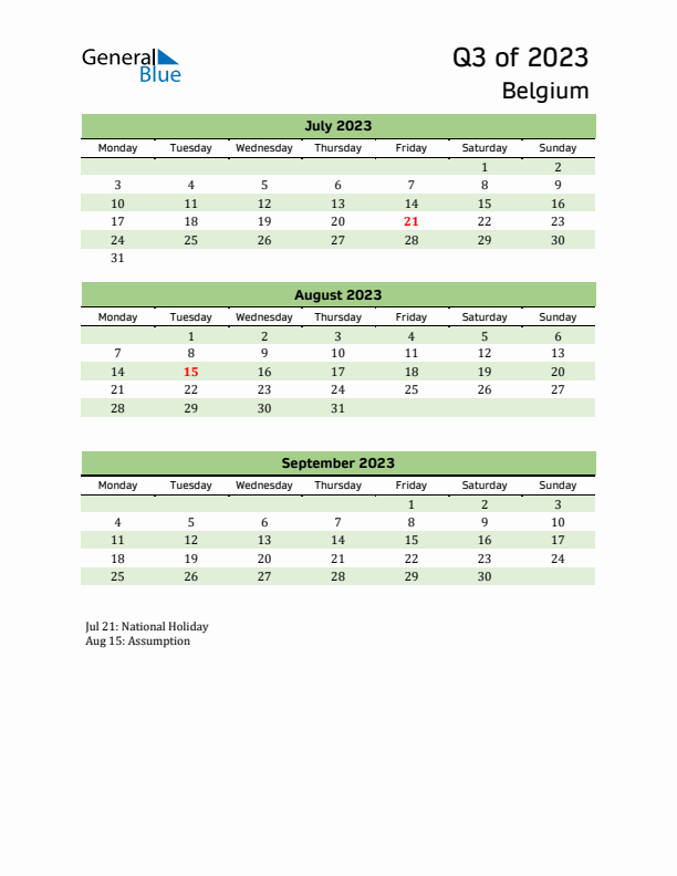 Quarterly Calendar 2023 with Belgium Holidays