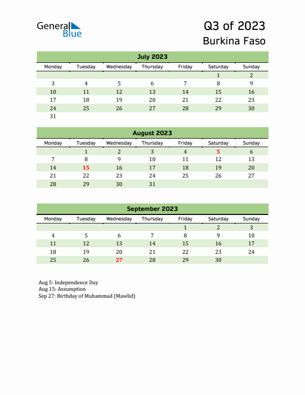 Quarterly Calendar 2023 with Burkina Faso Holidays