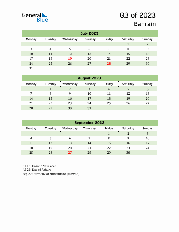 Quarterly Calendar 2023 with Bahrain Holidays