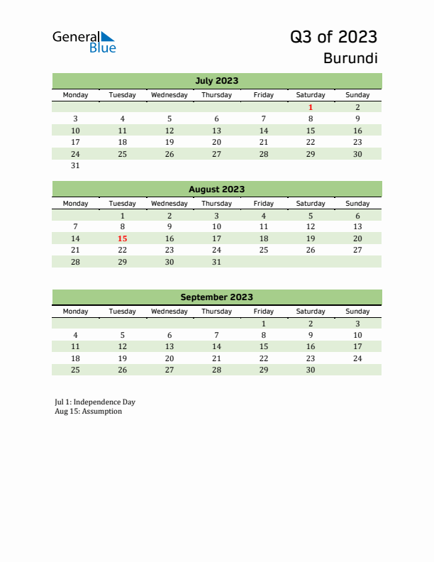 Quarterly Calendar 2023 with Burundi Holidays