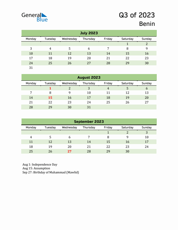 Quarterly Calendar 2023 with Benin Holidays