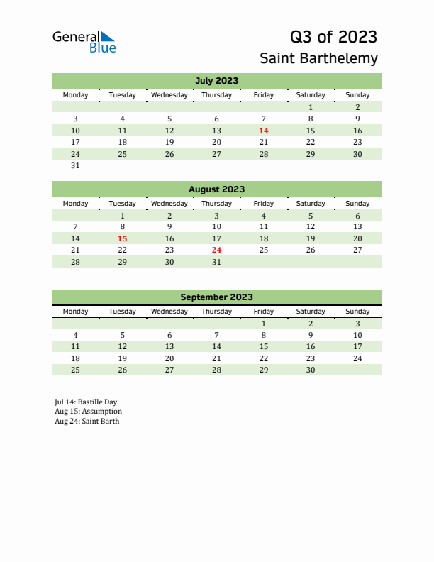 Quarterly Calendar 2023 with Saint Barthelemy Holidays