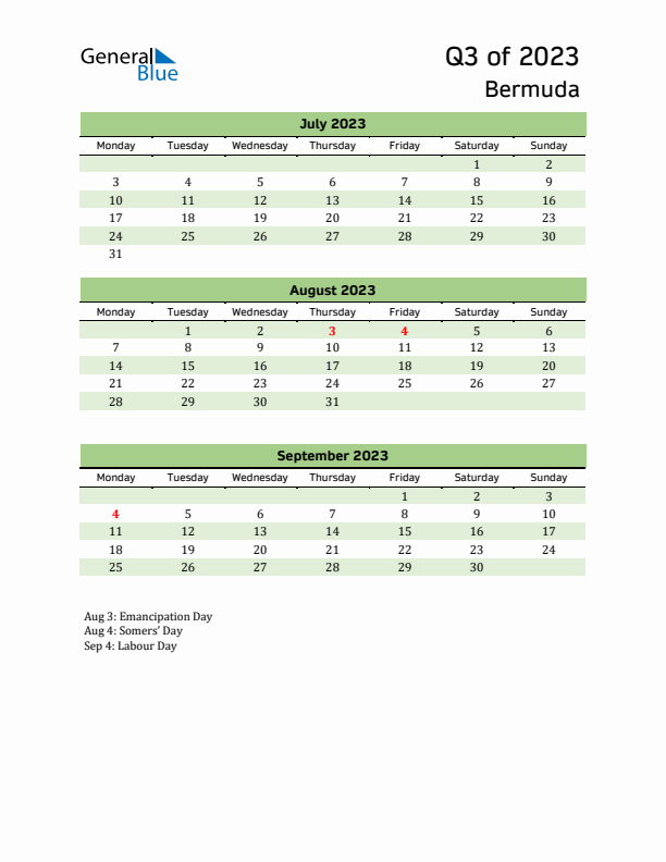 Quarterly Calendar 2023 with Bermuda Holidays