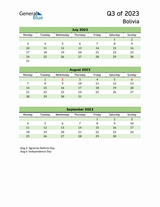 Quarterly Calendar 2023 with Bolivia Holidays