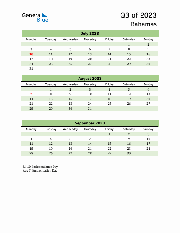 Quarterly Calendar 2023 with Bahamas Holidays