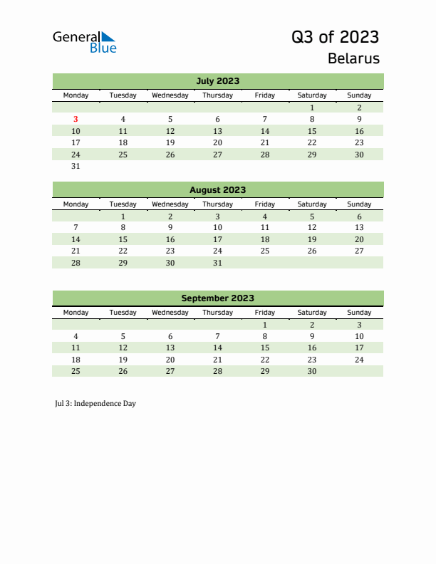 Quarterly Calendar 2023 with Belarus Holidays