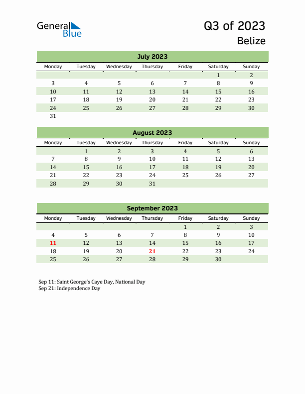 Quarterly Calendar 2023 with Belize Holidays