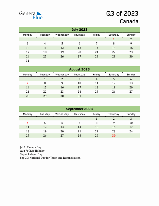 Quarterly Calendar 2023 with Canada Holidays