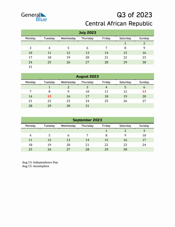 Quarterly Calendar 2023 with Central African Republic Holidays