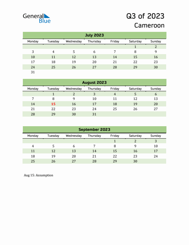 Quarterly Calendar 2023 with Cameroon Holidays