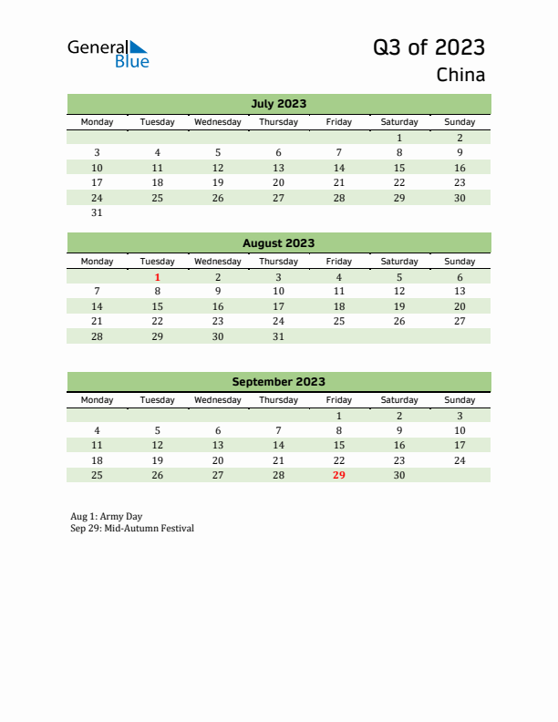 Quarterly Calendar 2023 with China Holidays