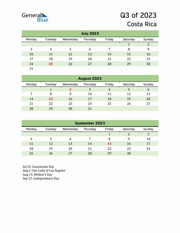 Quarterly Calendar 2023 with Costa Rica Holidays