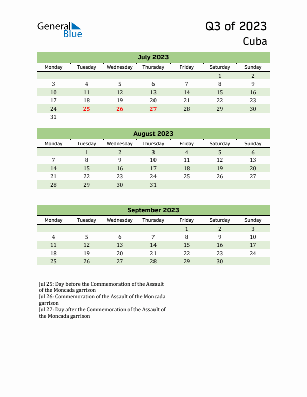 Quarterly Calendar 2023 with Cuba Holidays