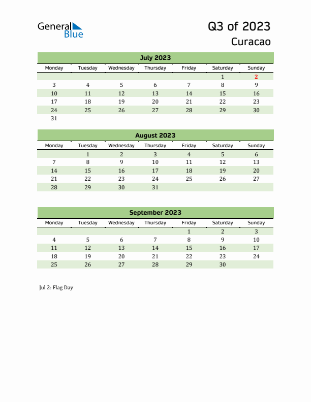 Quarterly Calendar 2023 with Curacao Holidays