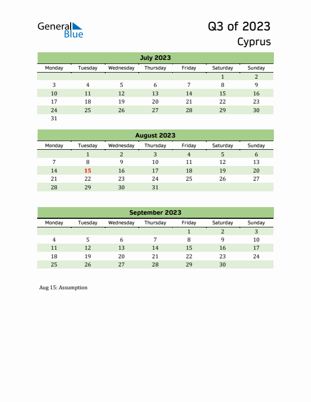 Quarterly Calendar 2023 with Cyprus Holidays