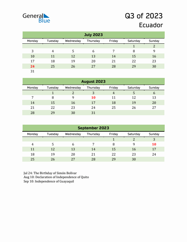 Quarterly Calendar 2023 with Ecuador Holidays