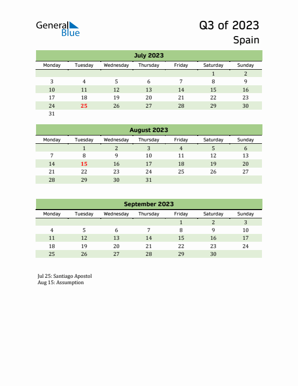 Quarterly Calendar 2023 with Spain Holidays