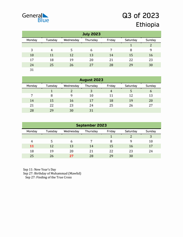 Quarterly Calendar 2023 with Ethiopia Holidays