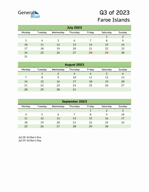 Quarterly Calendar 2023 with Faroe Islands Holidays