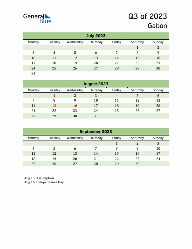 Quarterly Calendar 2023 with Gabon Holidays