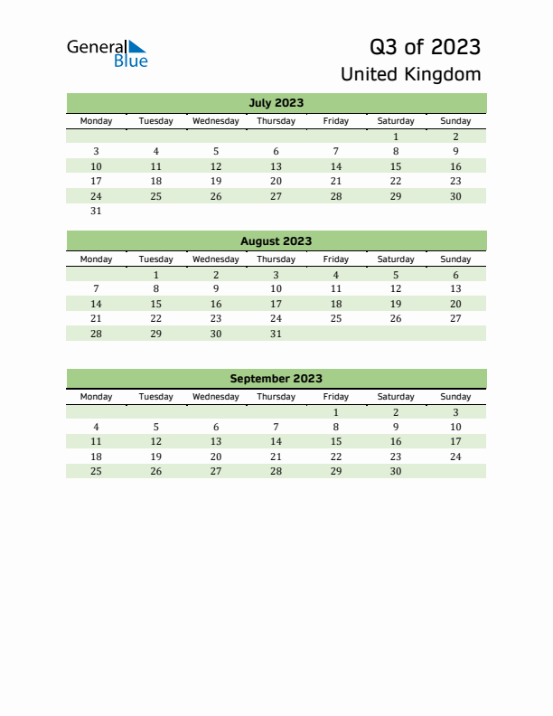 Quarterly Calendar 2023 with United Kingdom Holidays