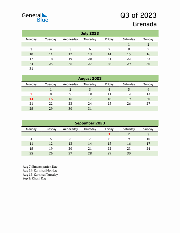 Quarterly Calendar 2023 with Grenada Holidays