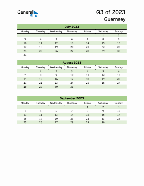 Quarterly Calendar 2023 with Guernsey Holidays