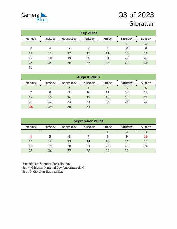 Quarterly Calendar 2023 with Gibraltar Holidays