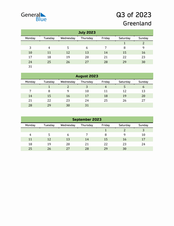 Quarterly Calendar 2023 with Greenland Holidays