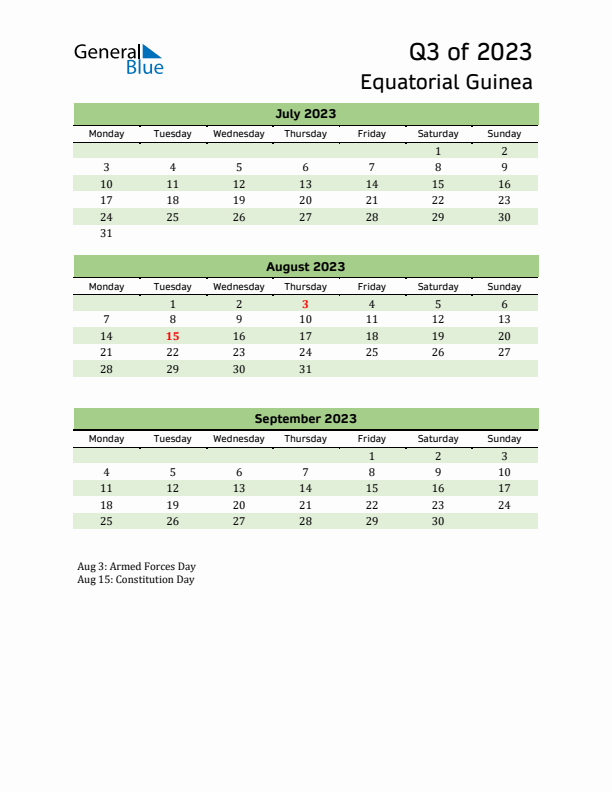 Quarterly Calendar 2023 with Equatorial Guinea Holidays