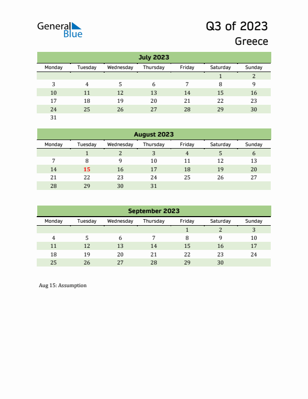 Quarterly Calendar 2023 with Greece Holidays