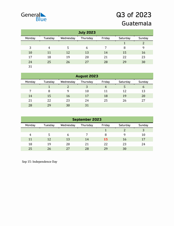 Quarterly Calendar 2023 with Guatemala Holidays