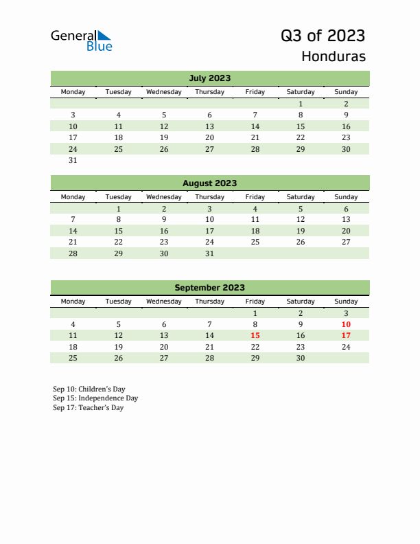 Quarterly Calendar 2023 with Honduras Holidays