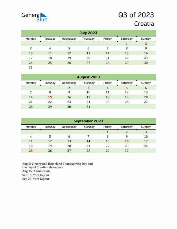 Quarterly Calendar 2023 with Croatia Holidays