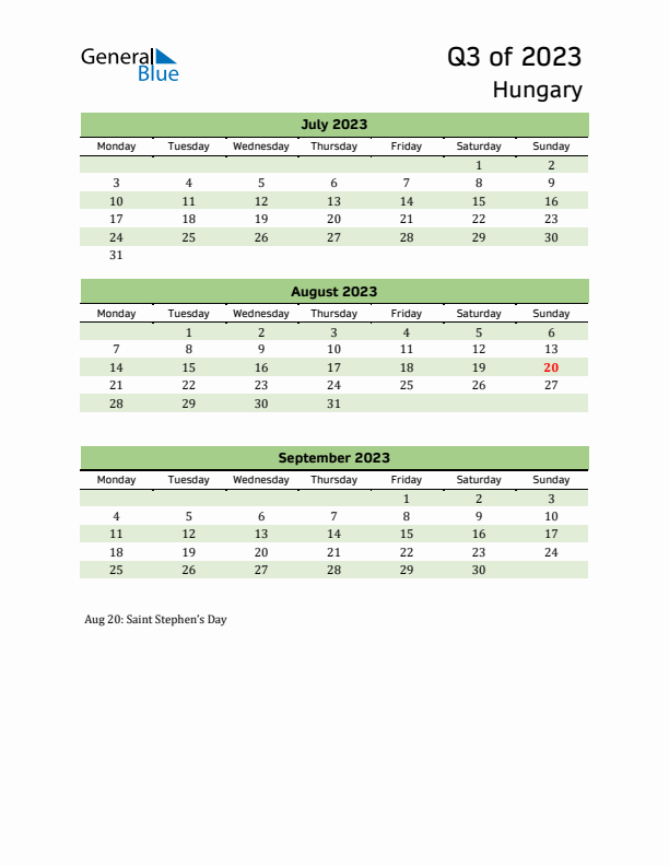 Quarterly Calendar 2023 with Hungary Holidays