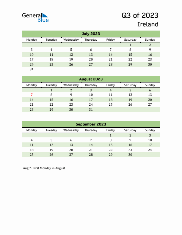 Quarterly Calendar 2023 with Ireland Holidays