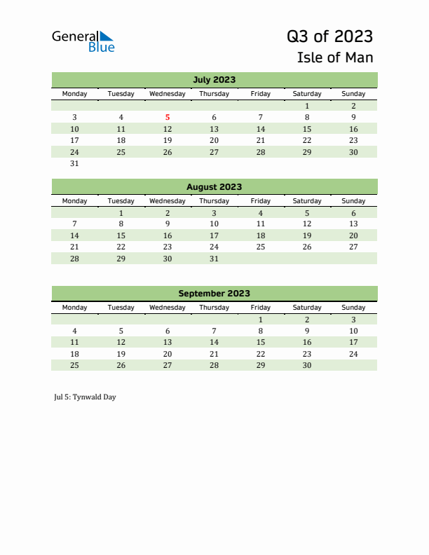 Quarterly Calendar 2023 with Isle of Man Holidays